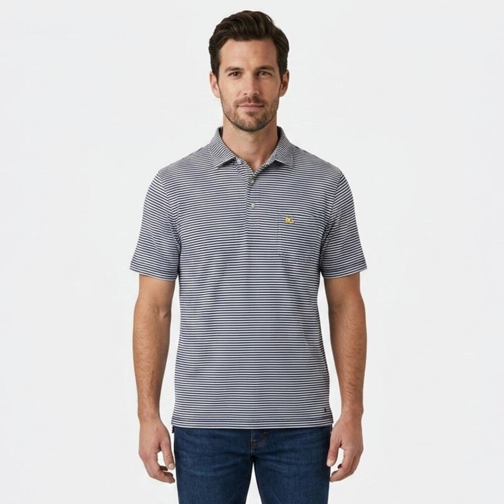 Peter Millar Seaside Wash Polo Shirt Mens L Blue White Striped Pocket Slit Hem